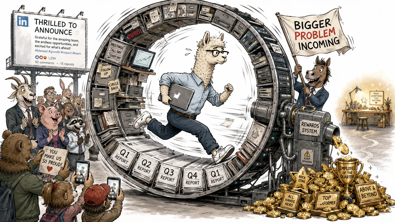 An alpaca in business casual running inside a giant hamster wheel built from office equipment, while a crowd applauds and a rewards machine spits out coins and trophies