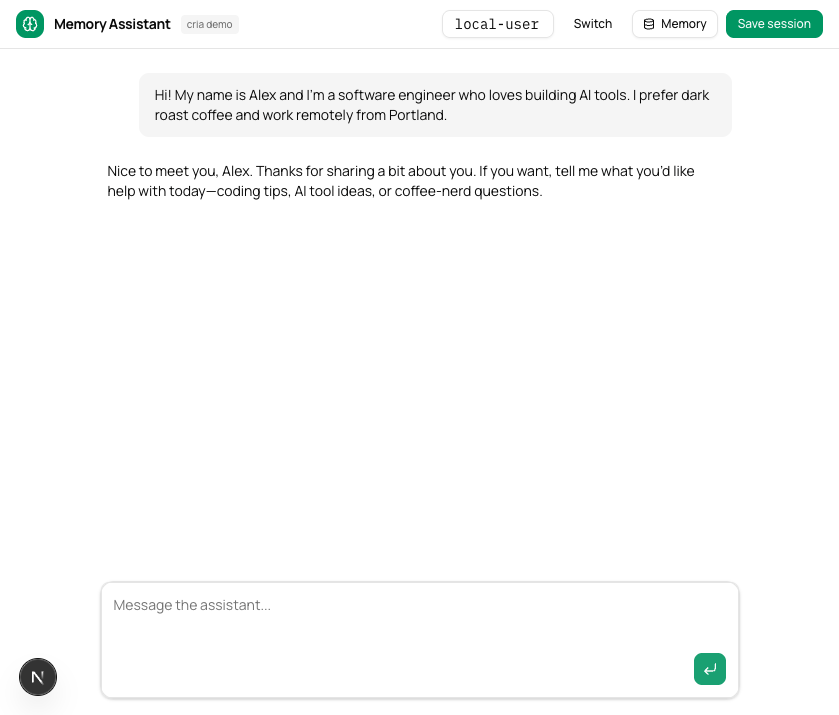 User chats, saves the session, then asks the assistant what it remembers